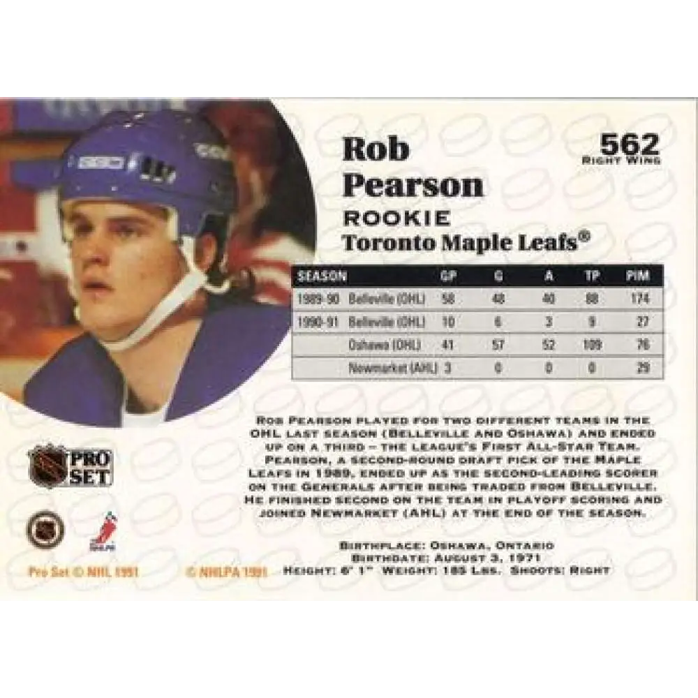 1991-92 Pro Set #562 Rob Pearson NM-MT RC Rookie Toronto Maple Leafs Hockey Card Image 2