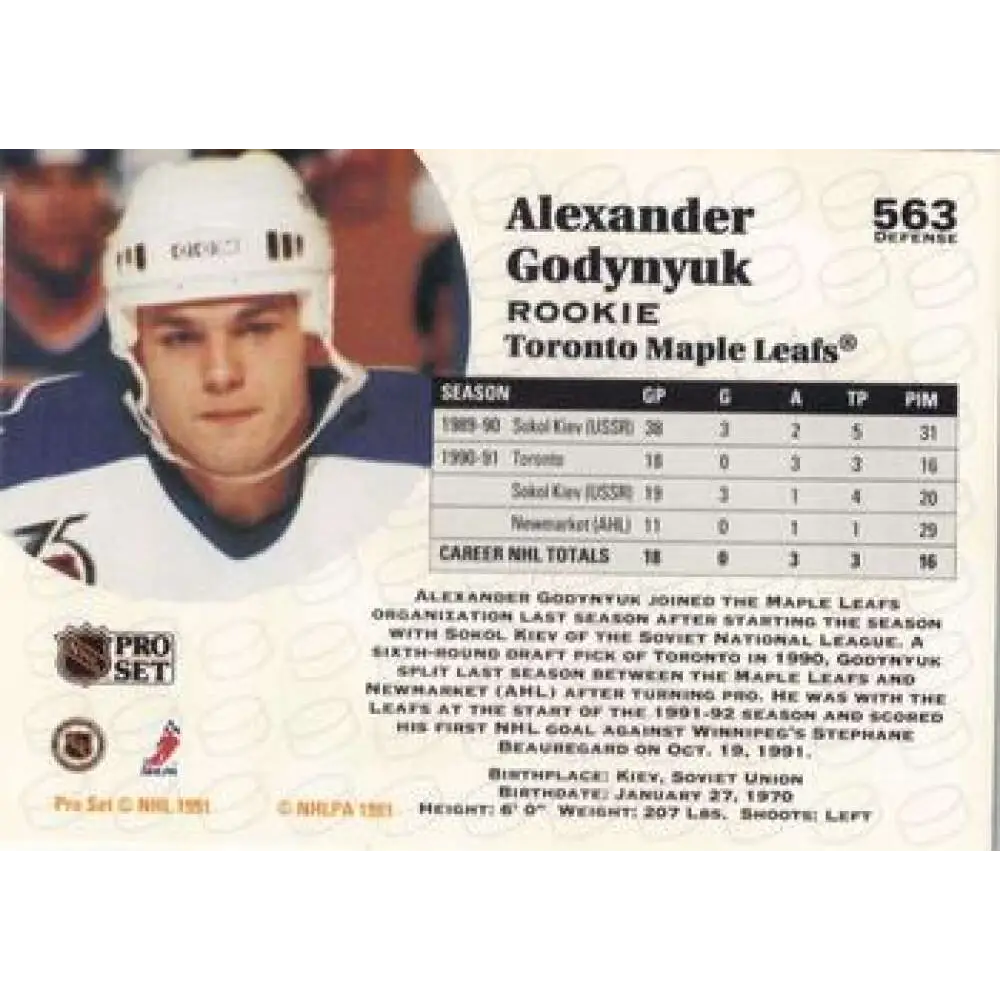 1991-92 Pro Set #563 Alexander Godynyuk NM-MT Toronto Maple Leafs Hockey Card Image 2