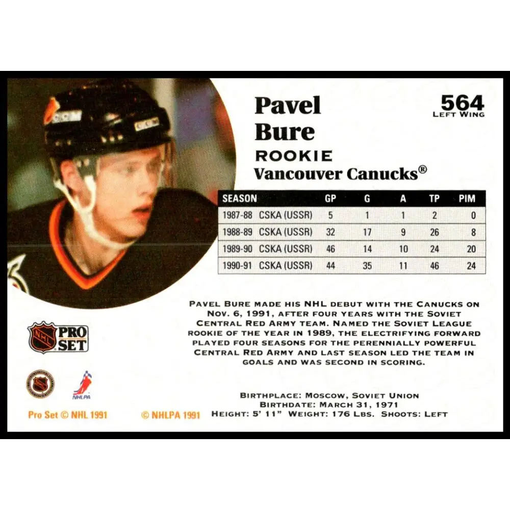 1991-92 Pro Set #564 Pavel Bure NM-MT Vancouver Canucks Hockey Card Image 2