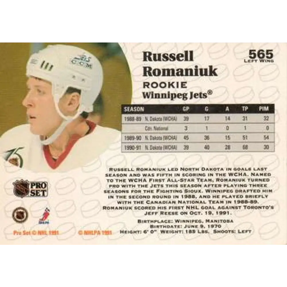 1991-92 Pro Set #565 Russ Romaniuk NM-MT RC Rookie Winnipeg Jets Hockey Card Image 2