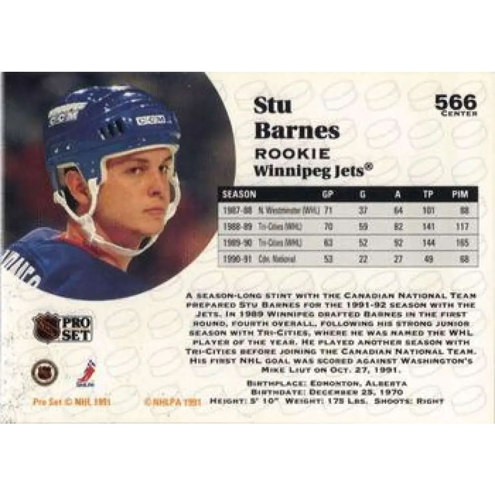1991-92 Pro Set #566 Stu Barnes NM-MT Winnipeg Jets Hockey Card Image 2
