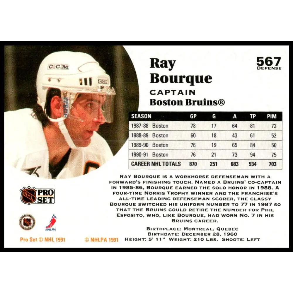 1991-92 Pro Set #567 Ray Bourque NM-MT Boston Bruins Hockey Card Image 2