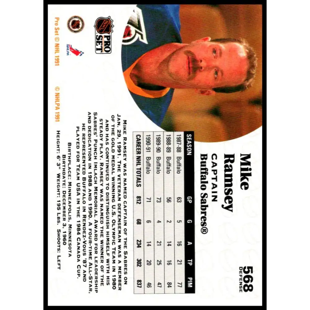 1991-92 Pro Set #568 Mike Ramsey NM-MT Buffalo Sabres Hockey Card Image 2