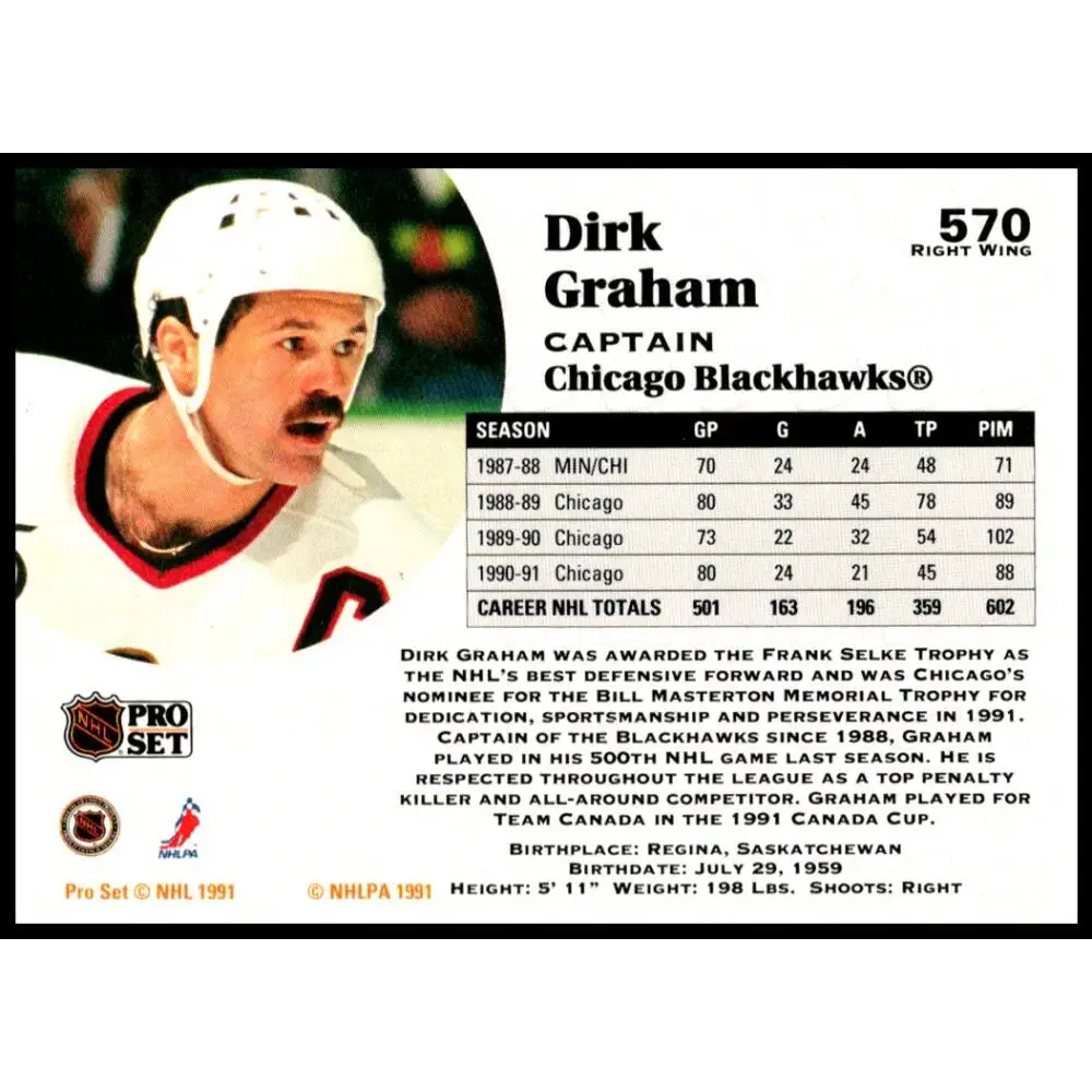 1991-92 Pro Set #570 Dirk Graham NM-MT Chicago Blackhawks Hockey Card Image 2