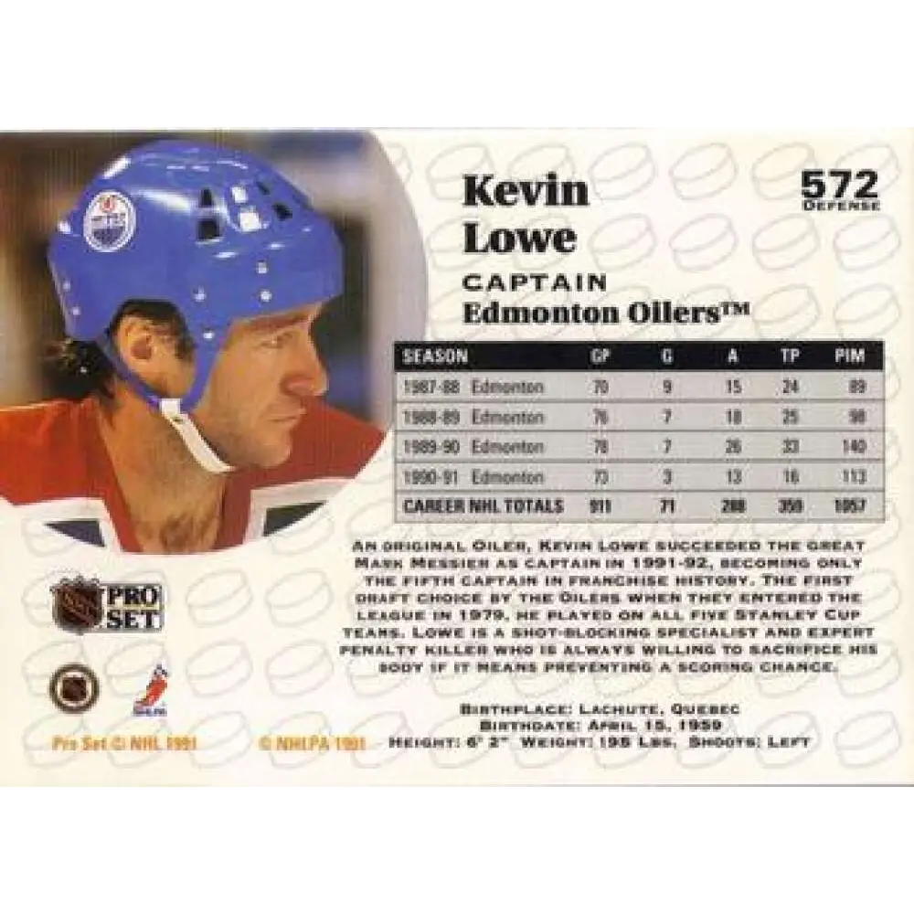 1991-92 Pro Set #572 Kevin Lowe NM-MT Edmonton Oilers Hockey Card Image 2