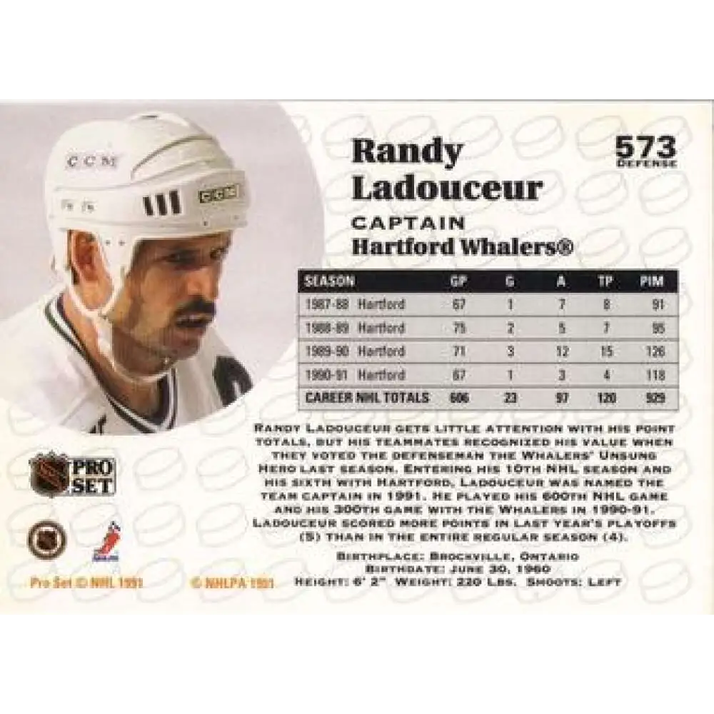 1991-92 Pro Set #573 Randy Ladouceur NM-MT Hartford Whalers Hockey Card Image 2