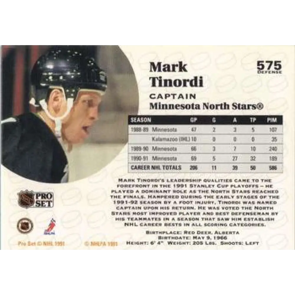 1991-92 Pro Set #575 Mark Tinordi NM-MT Minnesota North Stars Hockey Card Image 2