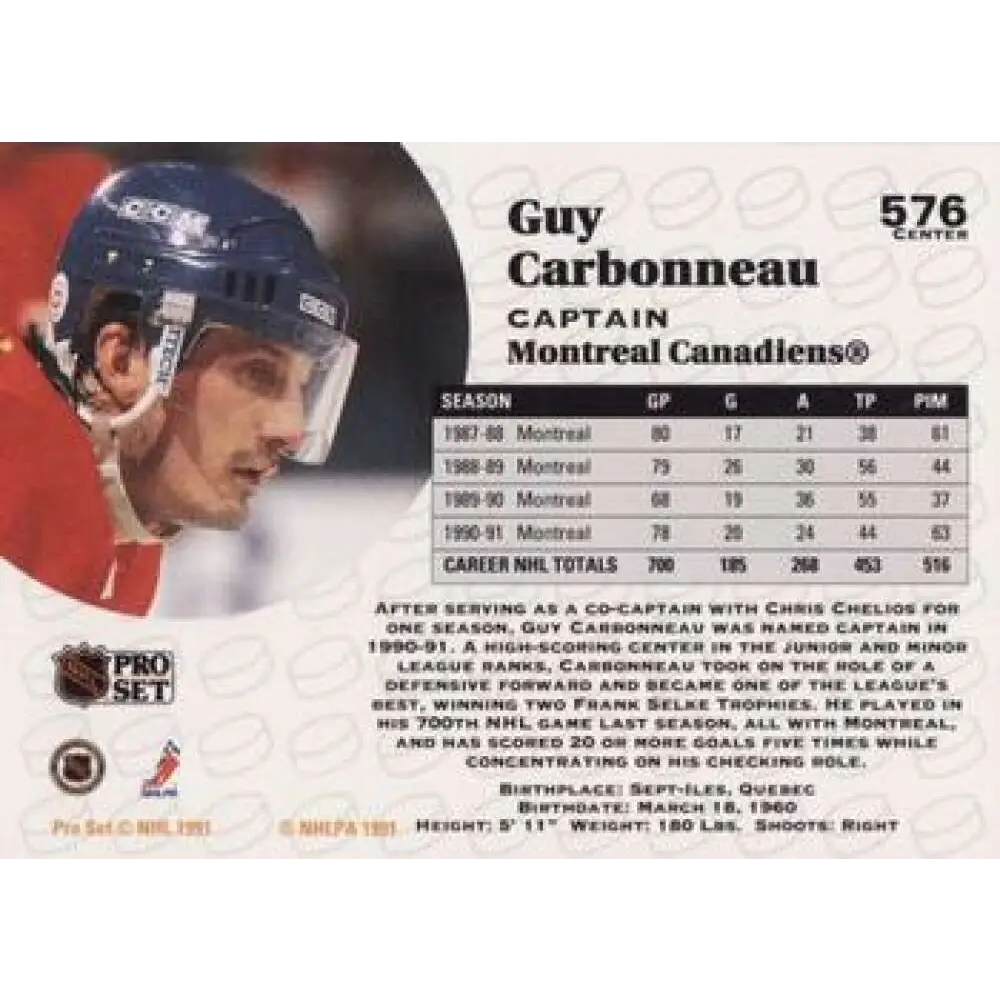 1991-92 Pro Set #576 Guy Carbonneau NM-MT Montreal Canadiens Hockey Card Image 2