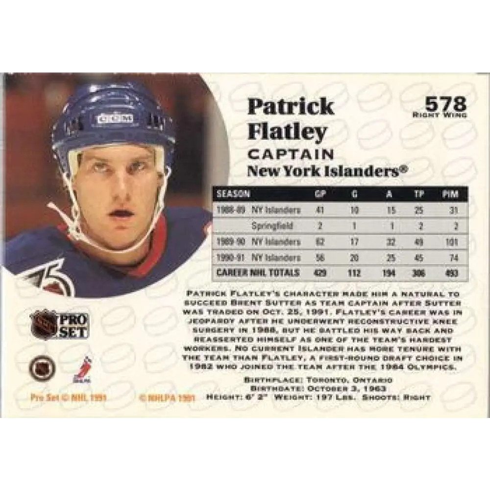 1991-92 Pro Set #578 Pat Flatley NM-MT New York Islanders Hockey Card Image 2