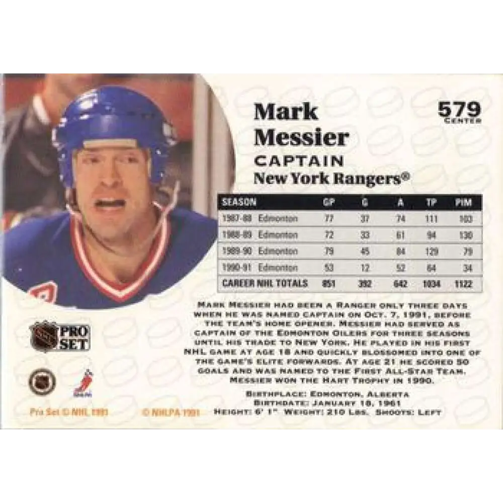 1991-92 Pro Set #579 Mark Messier NM-MT New York Rangers Hockey Card Image 2