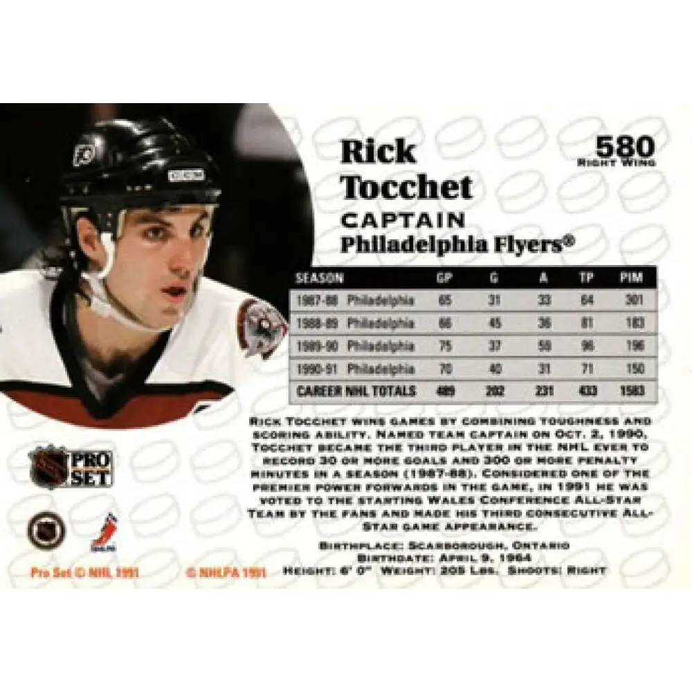 1991-92 Pro Set #580 Rick Tocchet NM-MT Philadelphia Flyers Hockey Card Image 2