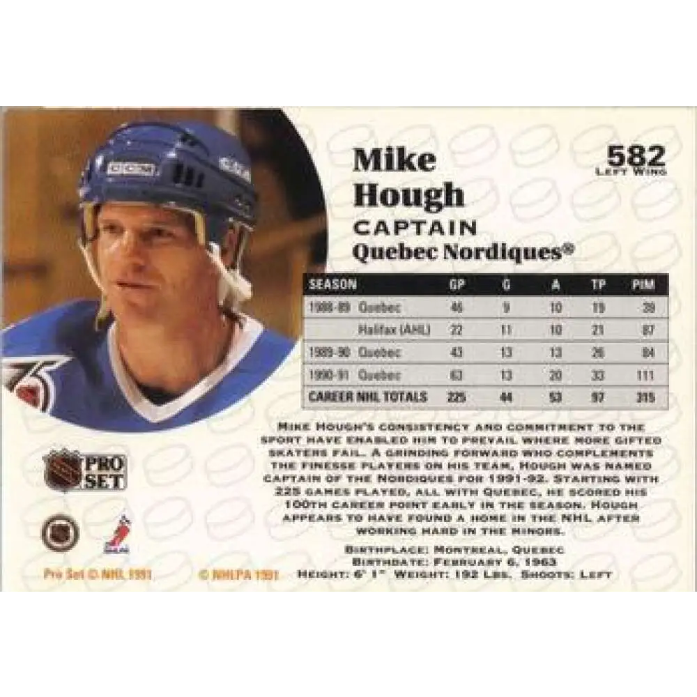 1991-92 Pro Set #582 Mike Hough NM-MT Quebec Nordiques Hockey Card Image 2