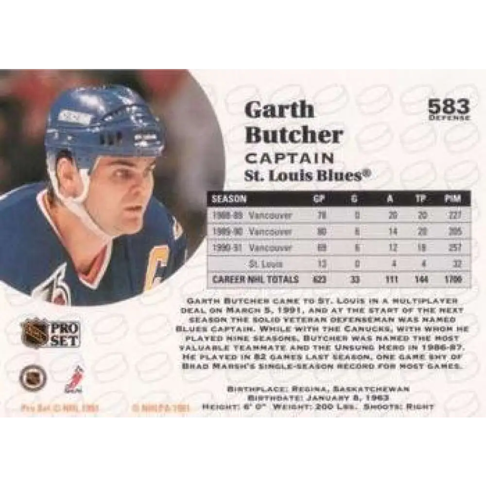 1991-92 Pro Set #583 Garth Butcher NM-MT St. Louis Blues Hockey Card Image 2