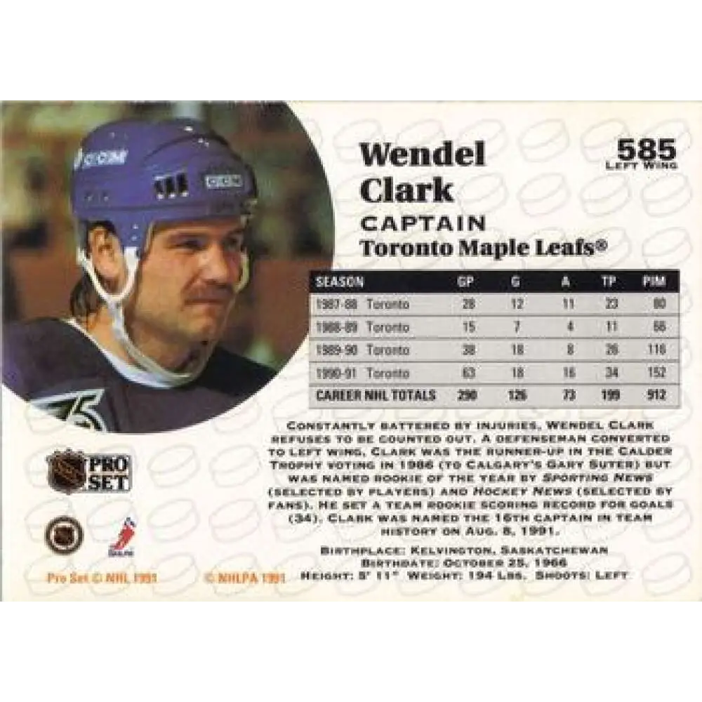 1991-92 Pro Set #585 Wendel Clark NM-MT Toronto Maple Leafs Hockey Card Image 2