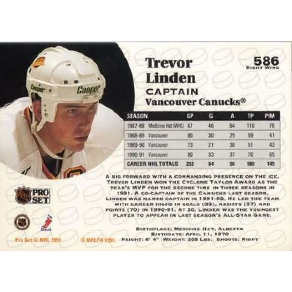 1991-92 Pro Set #586 Trevor Linden NM-MT Vancouver Canucks Hockey Card Image 2