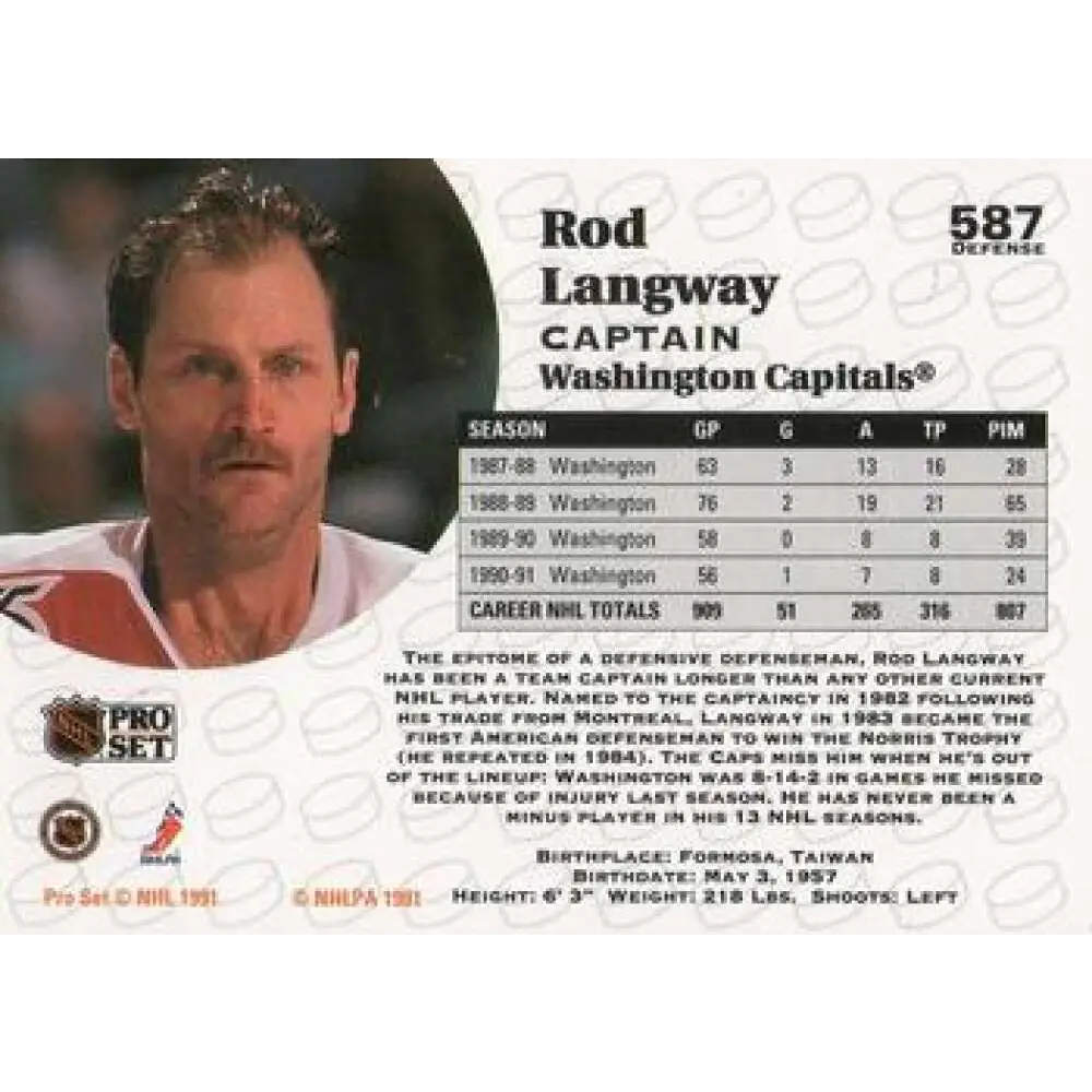 1991-92 Pro Set #587 Rod Langway NM-MT Washington Capitals Hockey Card Image 2