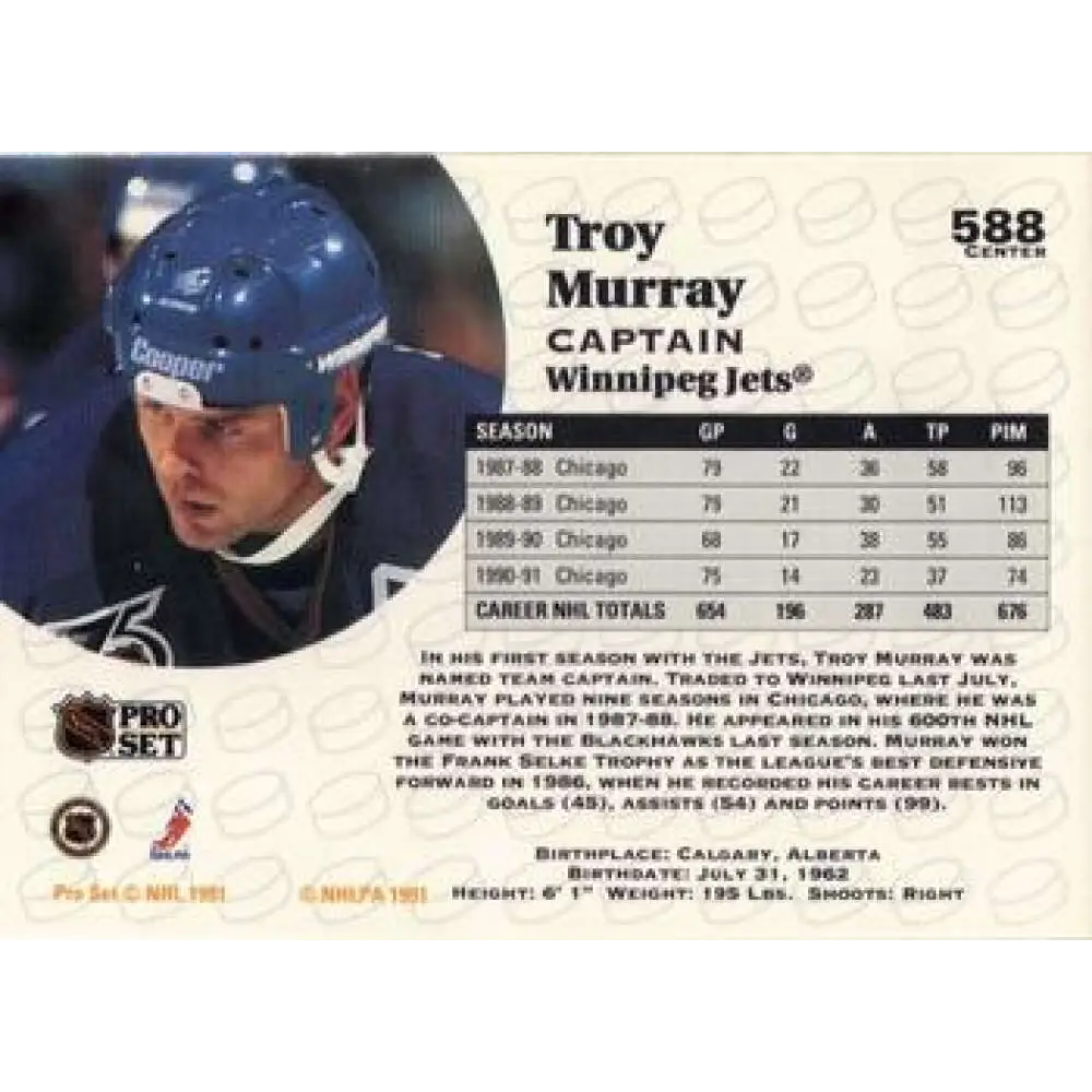 1991-92 Pro Set #588 Troy Murray NM-MT Winnipeg Jets Hockey Card Image 2