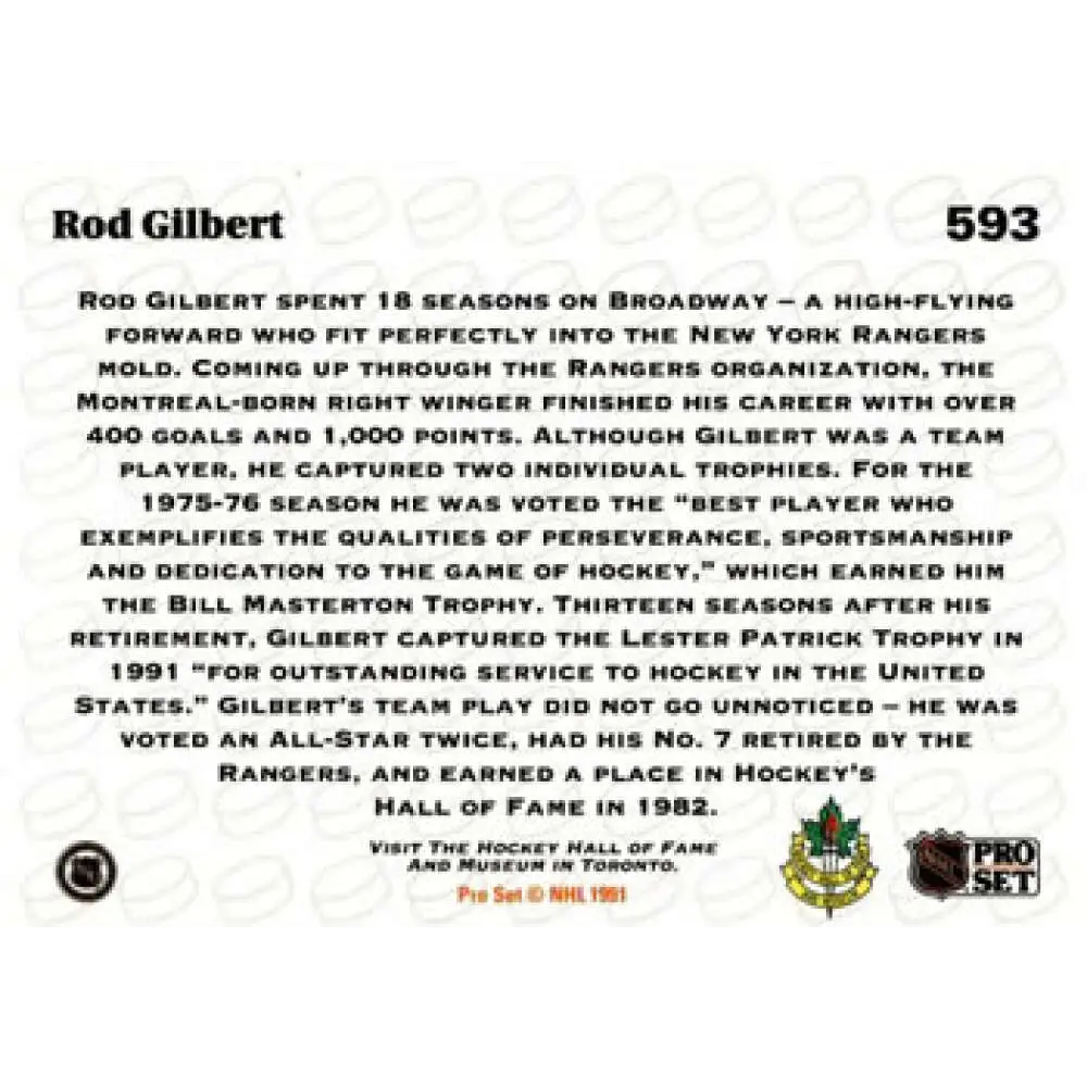1991-92 Pro Set #593 Rod Gilbert NM-MT New York Rangers Hockey Card Image 2