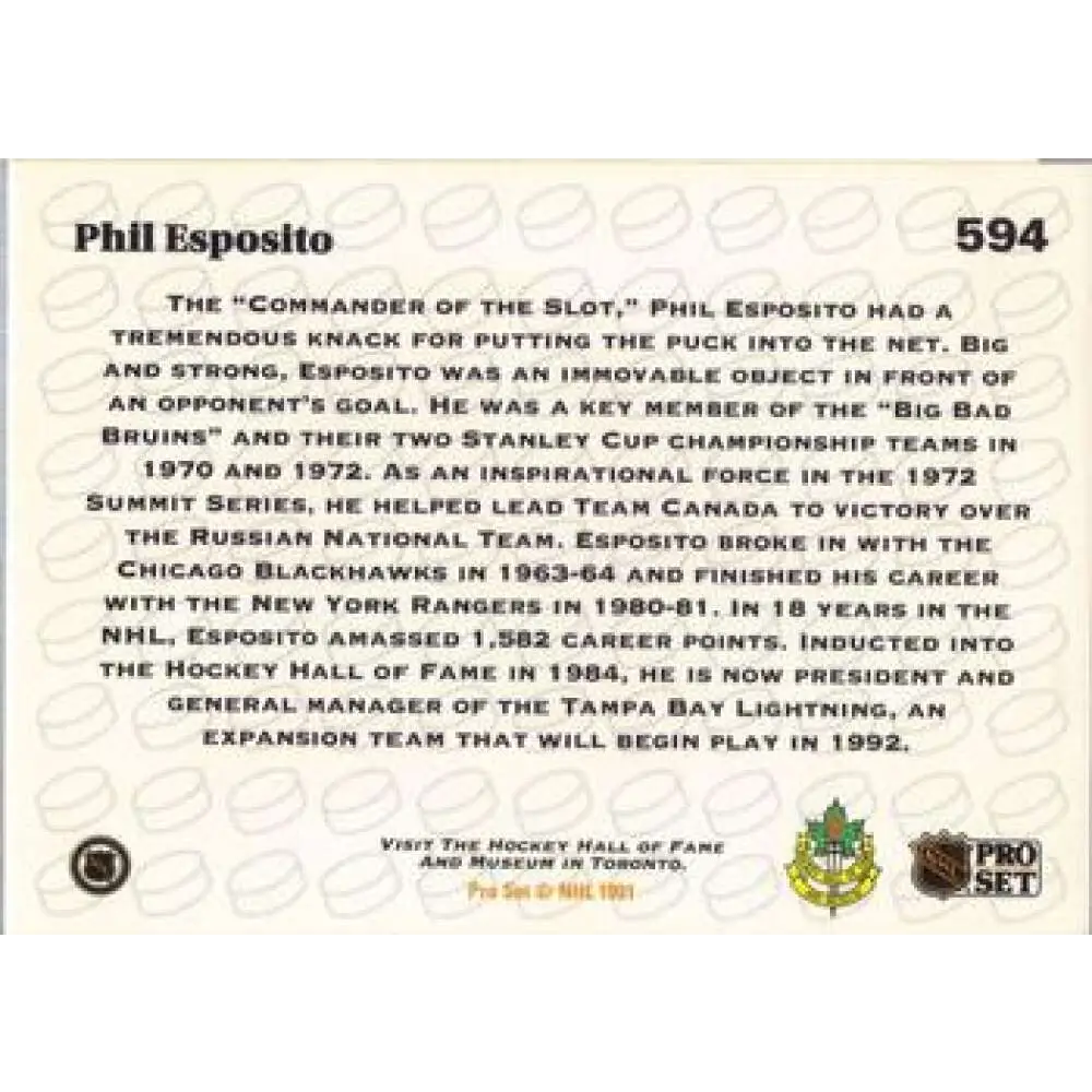 1991-92 Pro Set #594 Phil Esposito NM-MT Boston Bruins Hockey Card Image 2