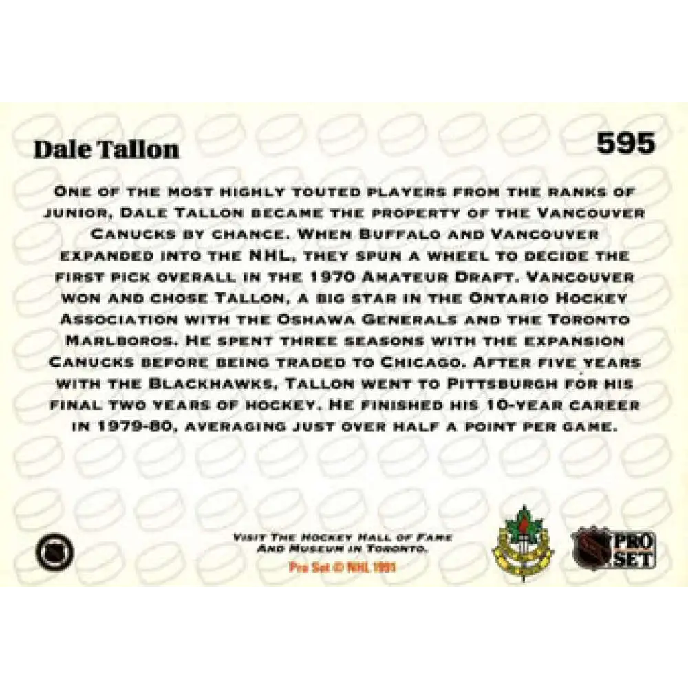1991-92 Pro Set #595 Dale Tallon NM-MT Vancouver Canucks Hockey Card Image 2