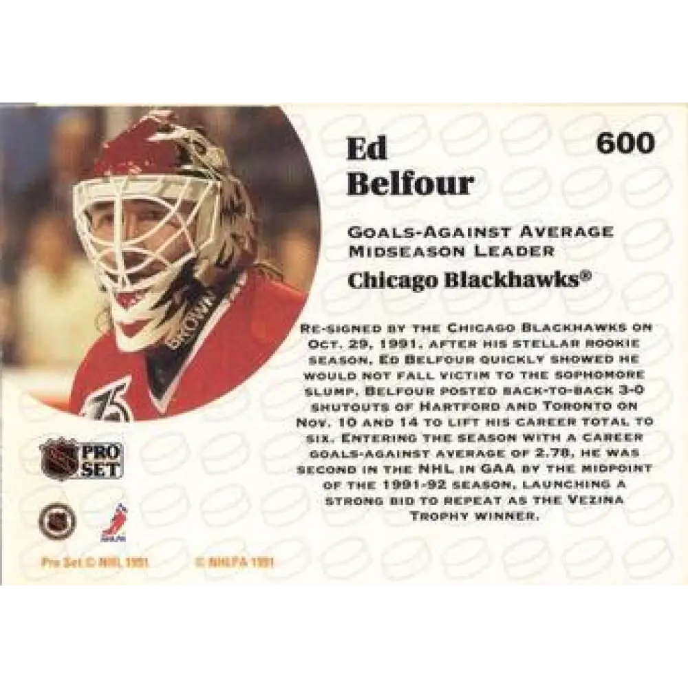 1991-92 Pro Set #600 Ed Belfour LL NM-MT Chicago Blackhawks Hockey Card Image 2