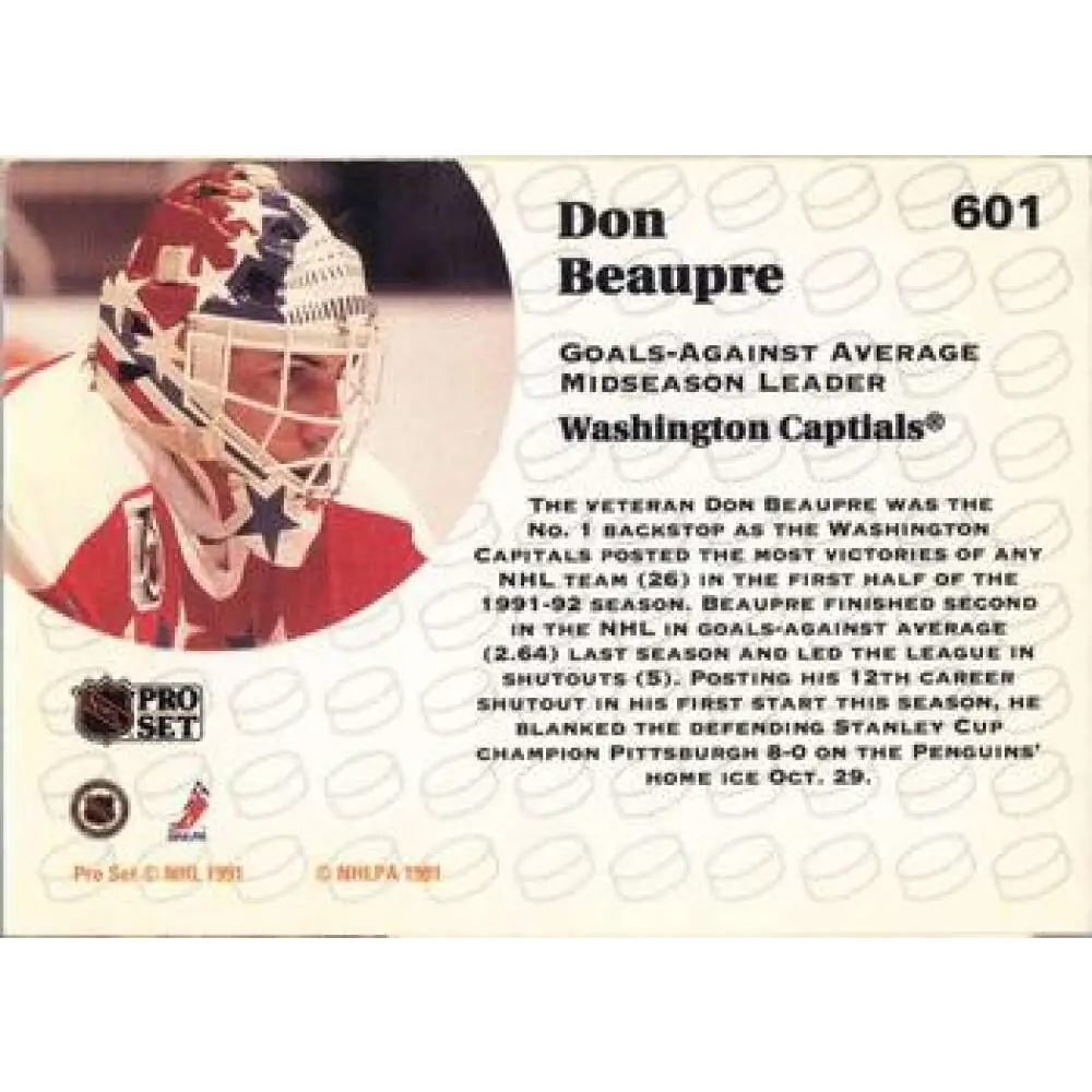 1991-92 Pro Set #601 Don Beaupre LL NM-MT Washington Capitals Hockey Card Image 2