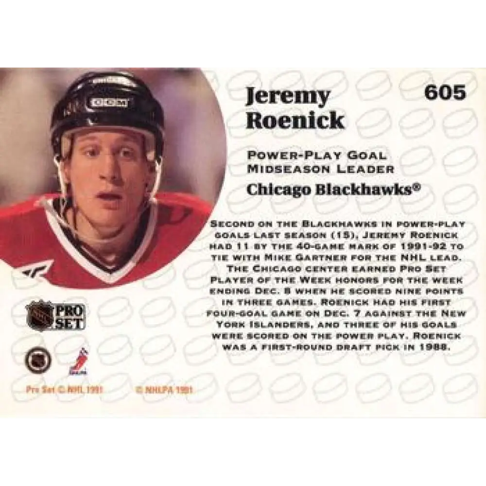 1991-92 Pro Set #605 Jeremy Roenick LL NM-MT Chicago Blackhawks Hockey Card Image 2