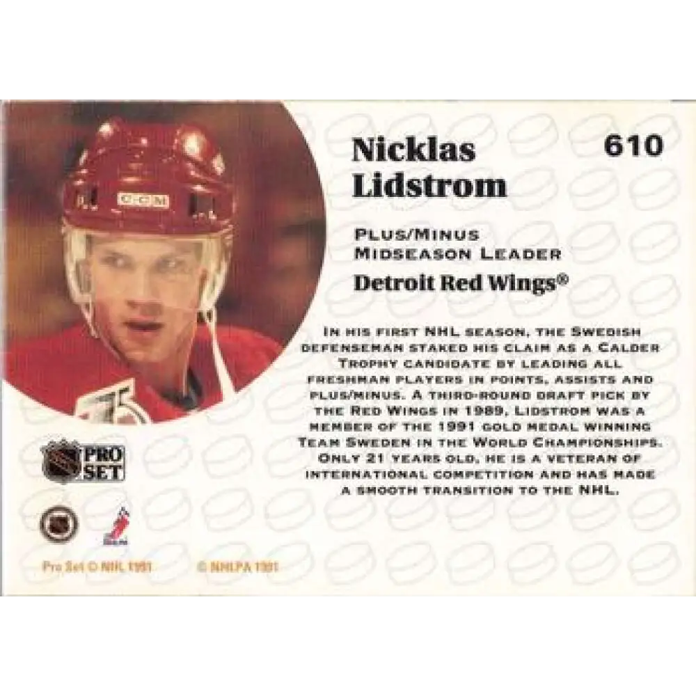 1991-92 Pro Set #610 Nicklas Lidstrom LL NM-MT Detroit Red Wings Hockey Card Image 2