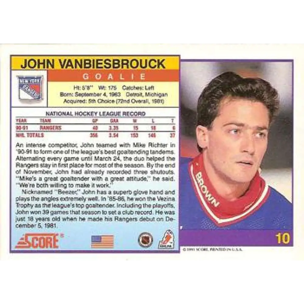 1991-92 Score American #10 John Vanbiesbrouck NM-MT New York Rangers Hockey Card  Image 2
