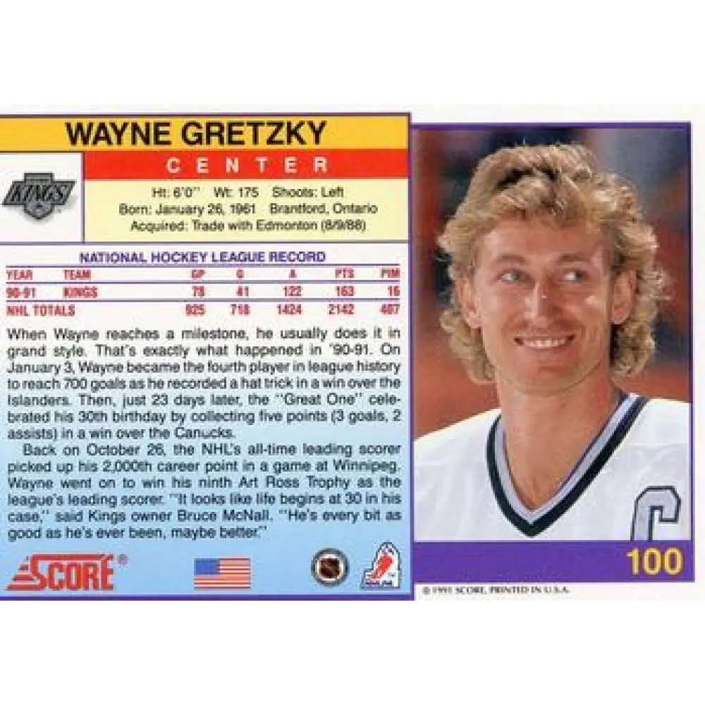 1991-92 Score American #100 Wayne Gretzky NM-MT Los Angeles Kings Hockey Card  Image 2