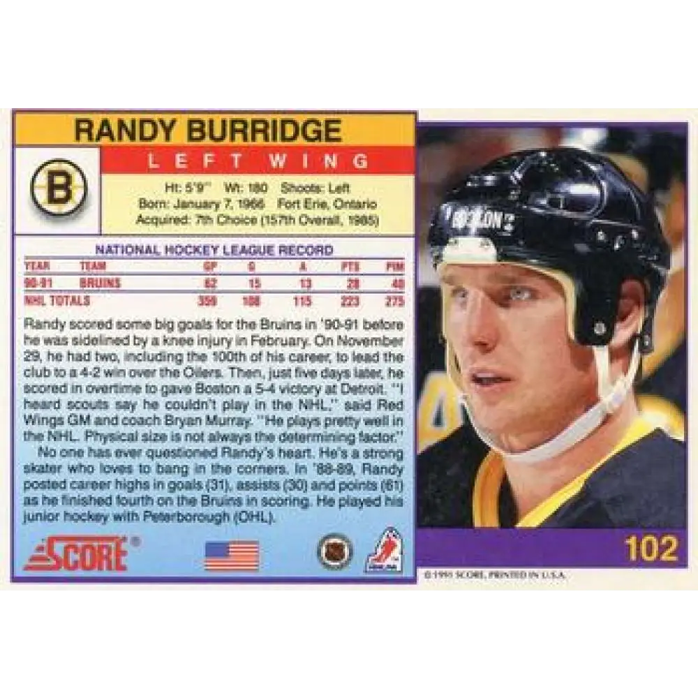 1991-92 Score American #102 Randy Burridge NM-MT Boston Bruins Hockey Card  Image 2
