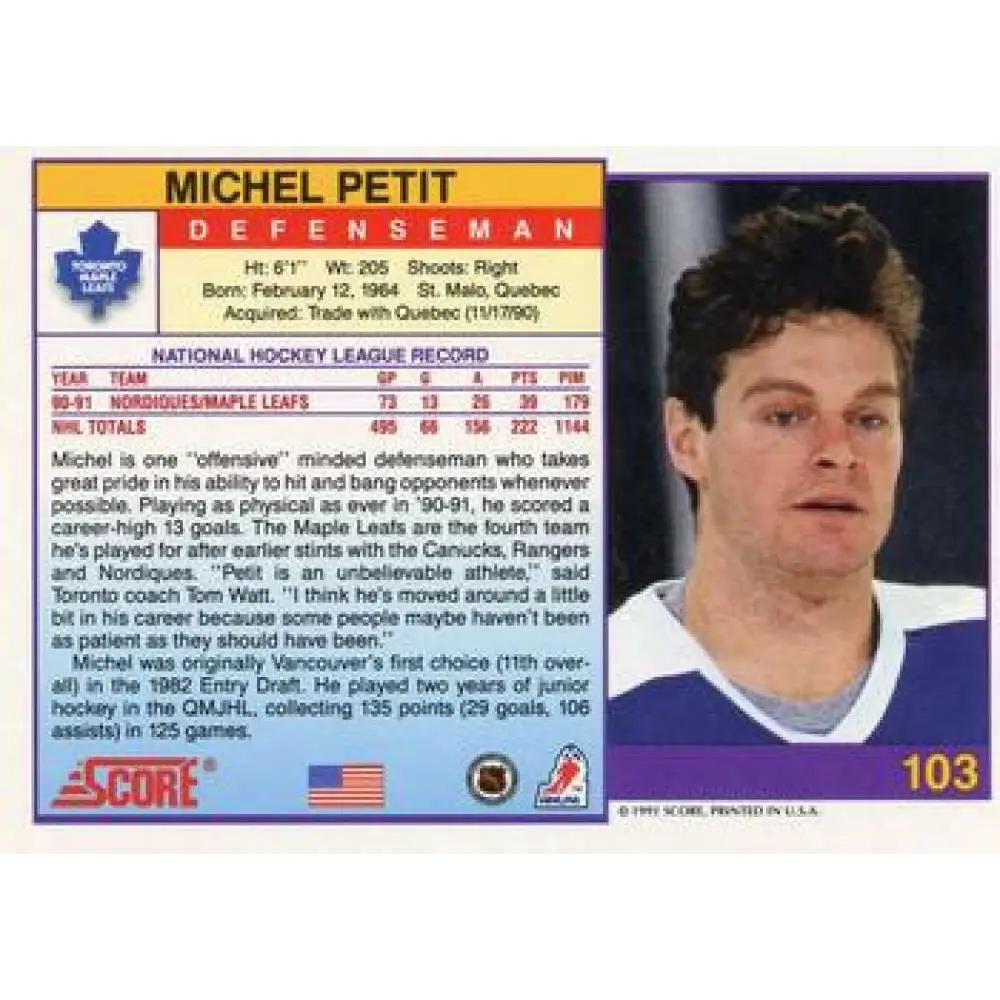 1991-92 Score American #103 Michel Petit NM-MT Toronto Maple Leafs Hockey Card  Image 2