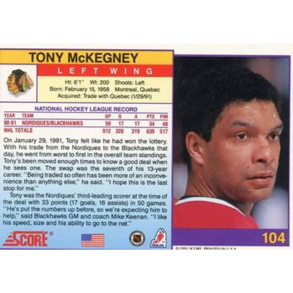 1991-92 Score American #104 Tony McKegney NM-MT Chicago Blackhawks Hockey Card  Image 2