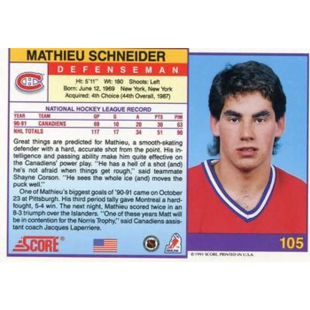1991-92 Score American #105 Mathieu Schneider NM-MT Montreal Canadiens Hockey Card  Image 2