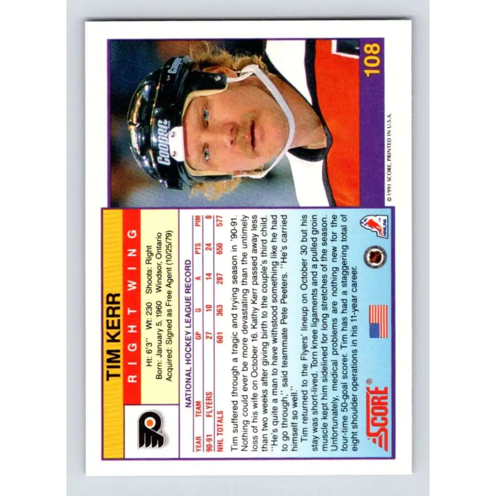1991-92 Score American #108 Tim Kerr NM-MT Philadelphia Flyers Hockey Card  Image 2