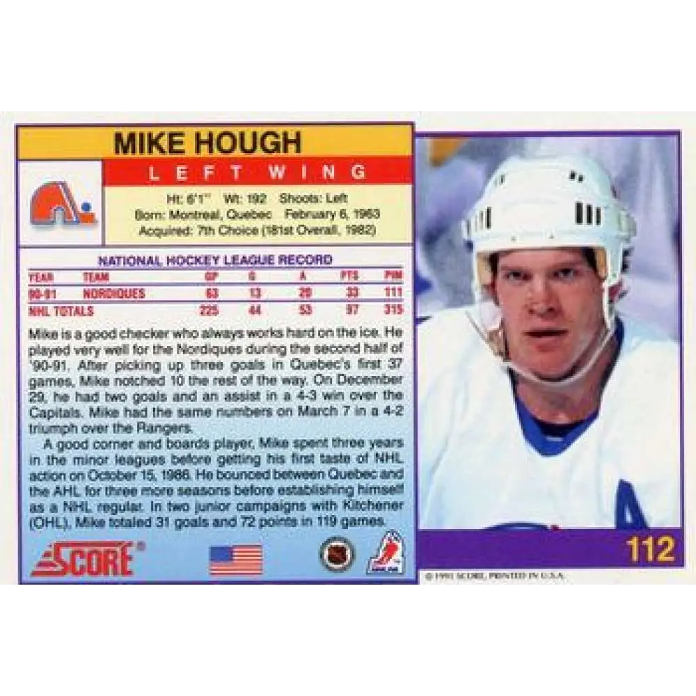 1991-92 Score American #112 Mike Hough NM-MT Quebec Nordiques Hockey Card  Image 2