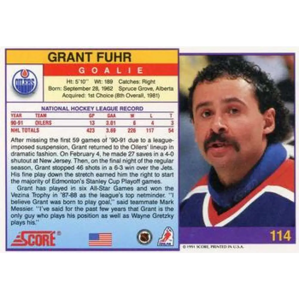 1991-92 Score American #114 Grant Fuhr NM-MT Edmonton Oilers Hockey Card  Image 2