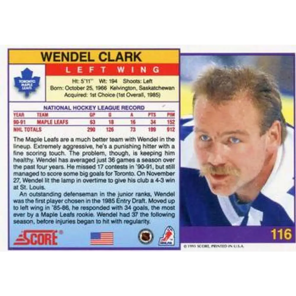 1991-92 Score American #116 Wendel Clark NM-MT Toronto Maple Leafs Hockey Card  Image 2