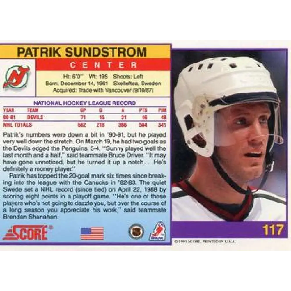 1991-92 Score American #117 Patrik Sundstrom NM-MT New Jersey Devils Hockey Card  Image 2