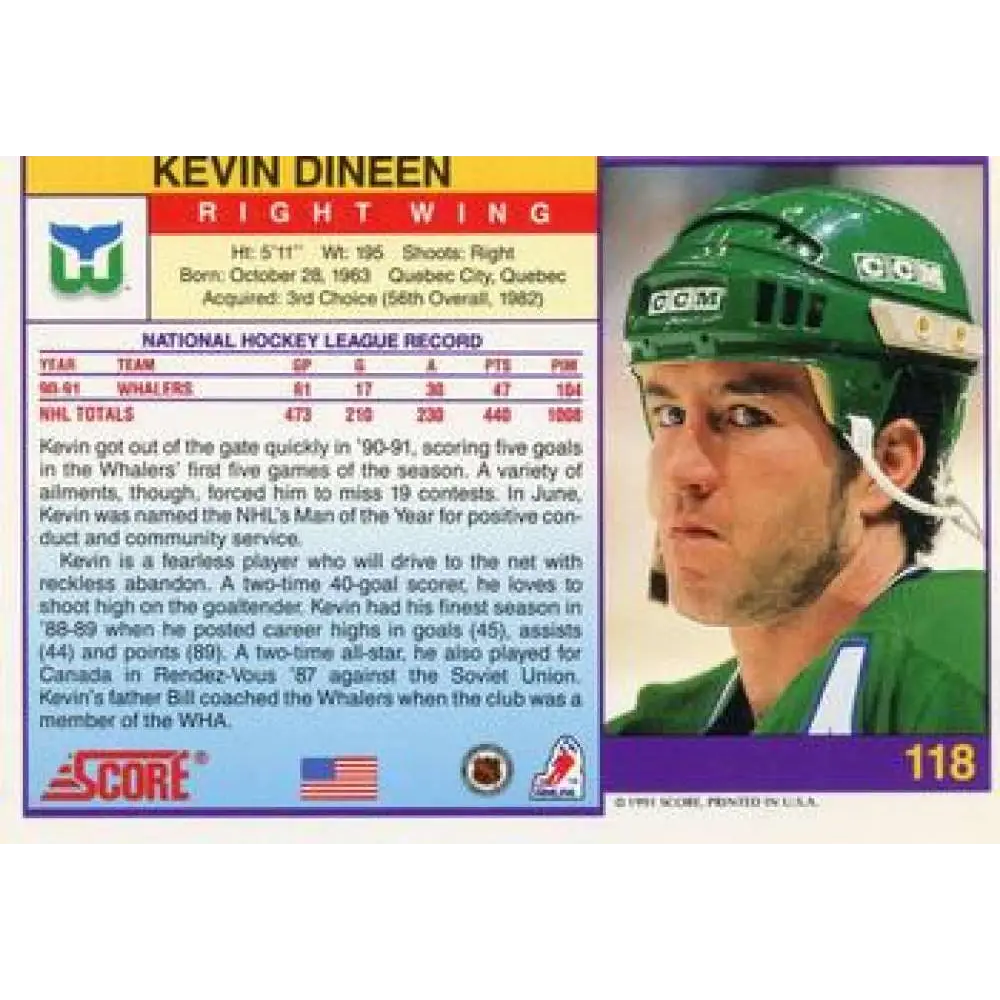 1991-92 Score American #118 Kevin Dineen NM-MT Hartford Whalers Hockey Card  Image 2