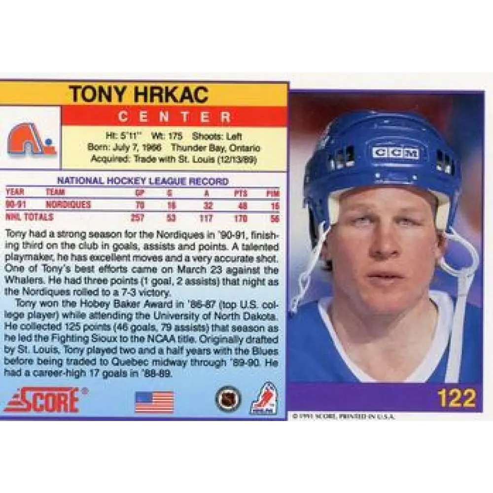 1991-92 Score American #122 Tony Hrkac NM-MT Quebec Nordiques Hockey Card  Image 2