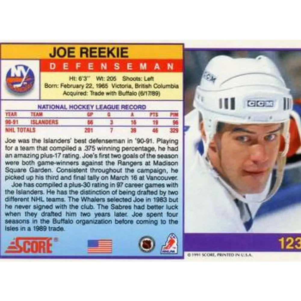 1991-92 Score American #123 Joe Reekie NM-MT New York Rangers Hockey Card  Image 2