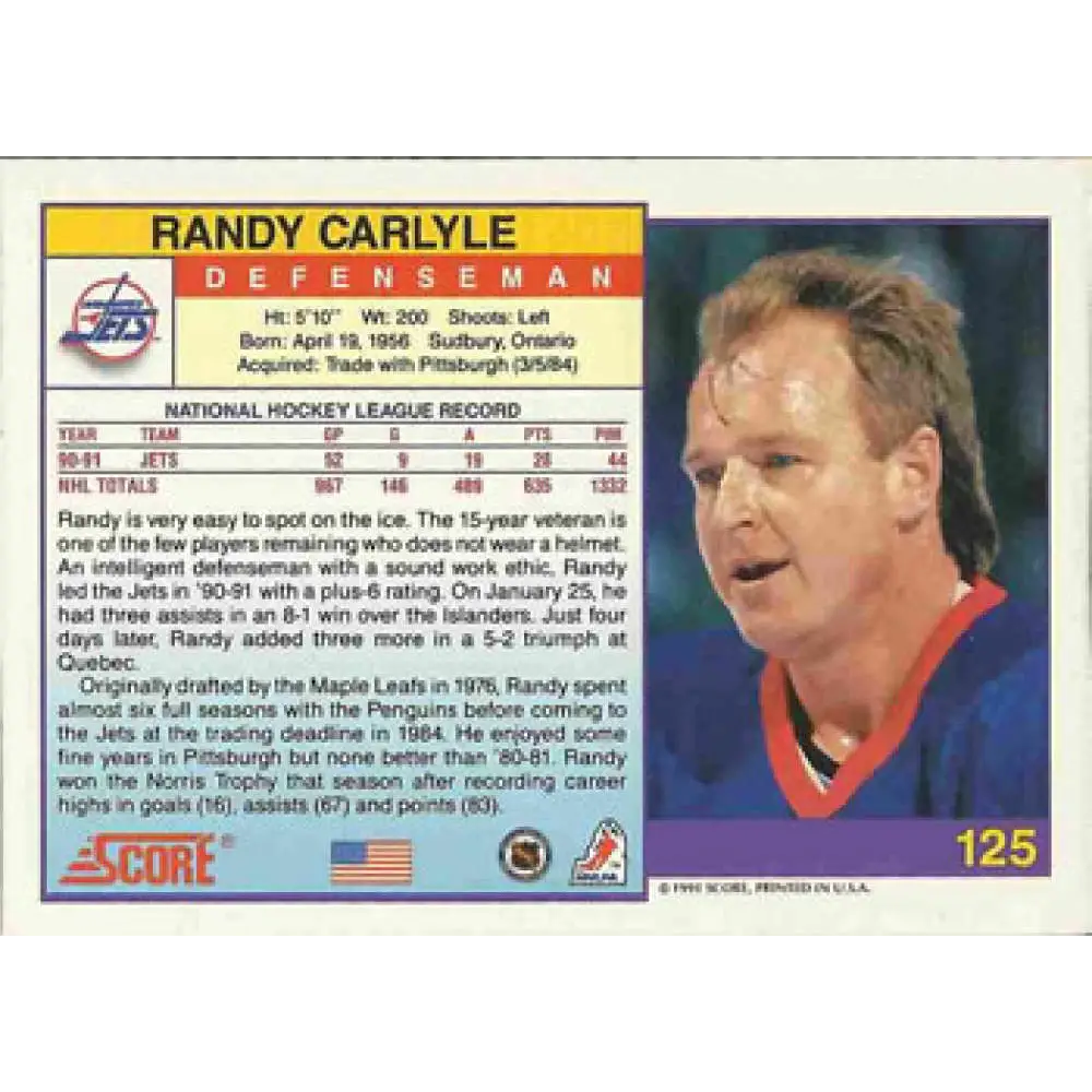 1991-92 Score American #125 Randy Carlyle NM-MT Winnipeg Jets Hockey Card  Image 2