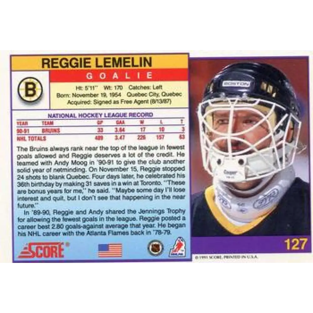 1991-92 Score American #127 Rejean Lemelin NM-MT Boston Bruins Hockey Card  Image 2