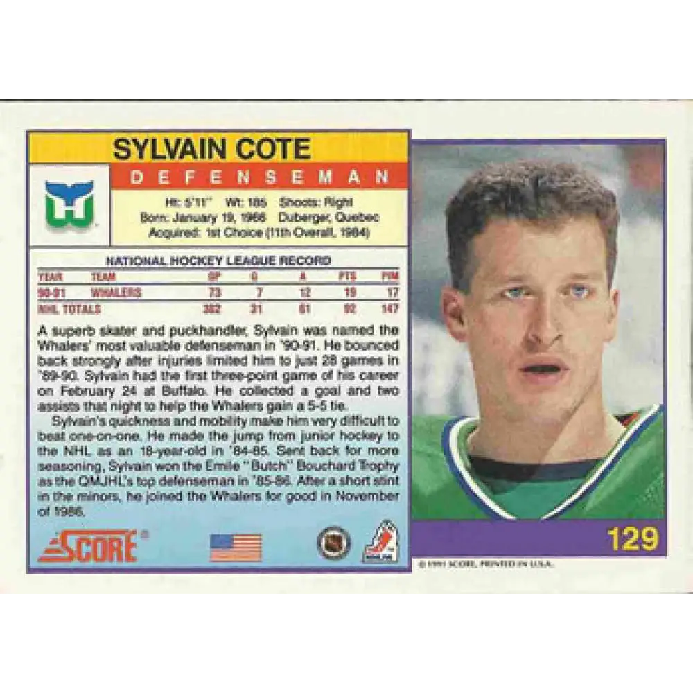 1991-92 Score American #129 Sylvain Cote NM-MT Hartford Whalers Hockey Card  Image 2