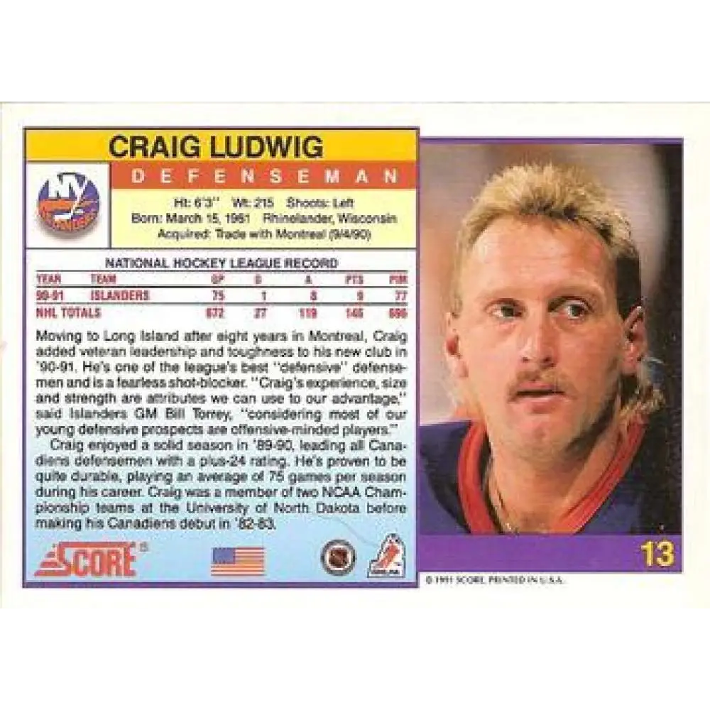 1991-92 Score American #13 Craig Ludwig NM-MT New York Islanders Hockey Card  Image 2