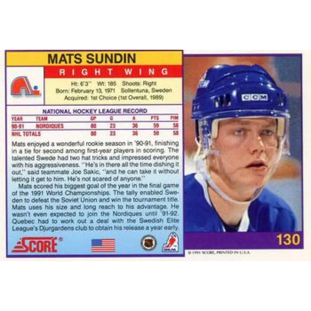1991-92 Score American #130 Mats Sundin NM-MT Quebec Nordiques Hockey Card  Image 2