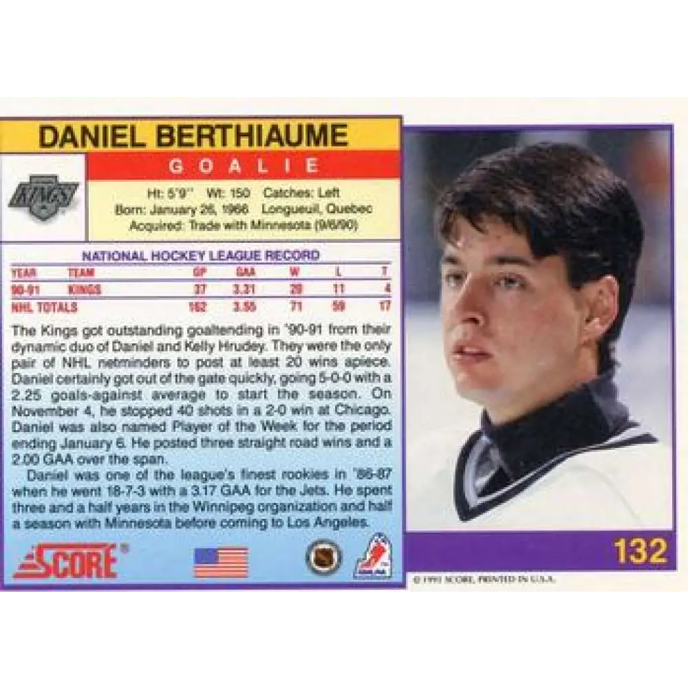 1991-92 Score American #132 Daniel Berthiaume NM-MT Los Angeles Kings Hockey Card  Image 2