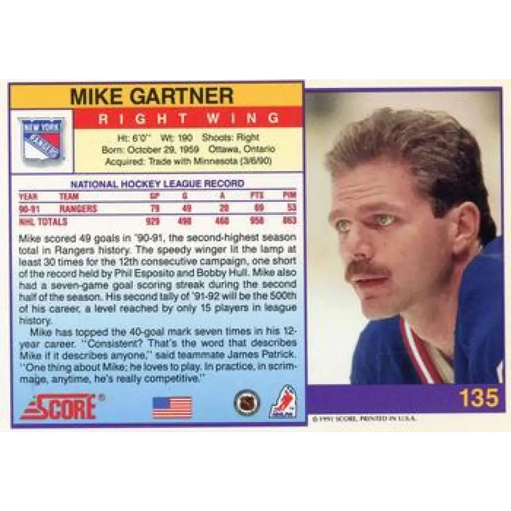 1991-92 Score American #135 Mike Gartner NM-MT New York Rangers Hockey Card  Image 2