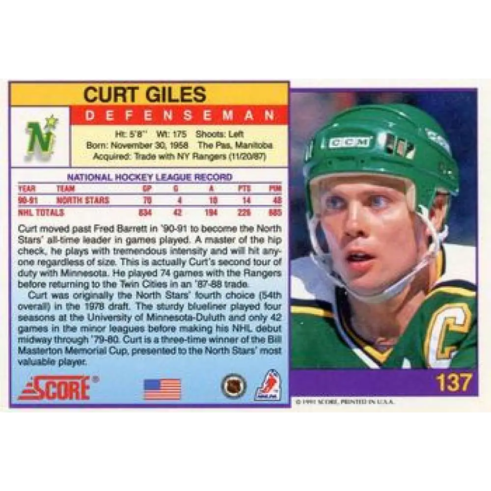 1991-92 Score American #137 Curt Giles NM-MT Minnesota North Stars Hockey Card  Image 2